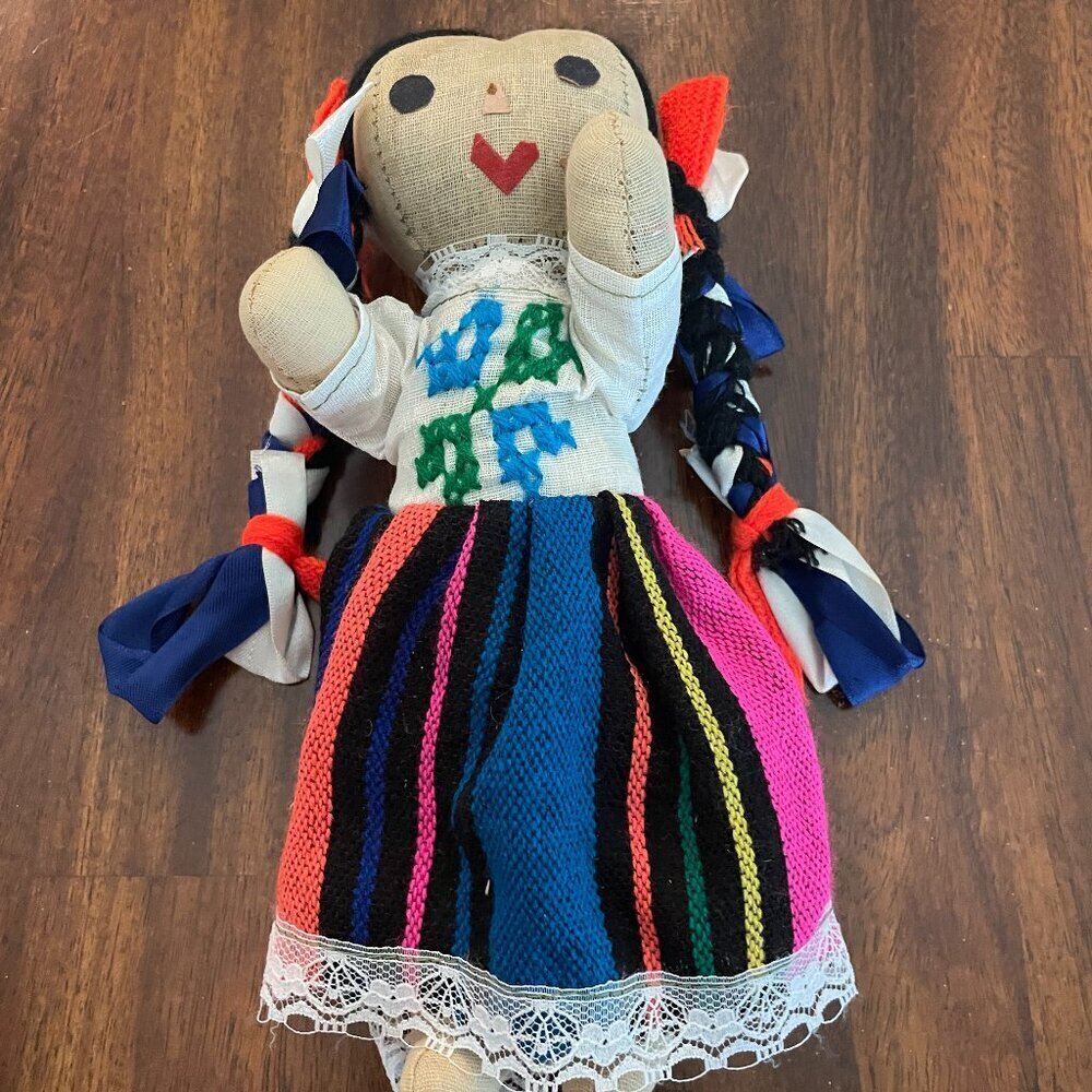 Handmade Mexican Folk Art Cloth Fabric Rag Doll 10" Tall Collectible Vintage!